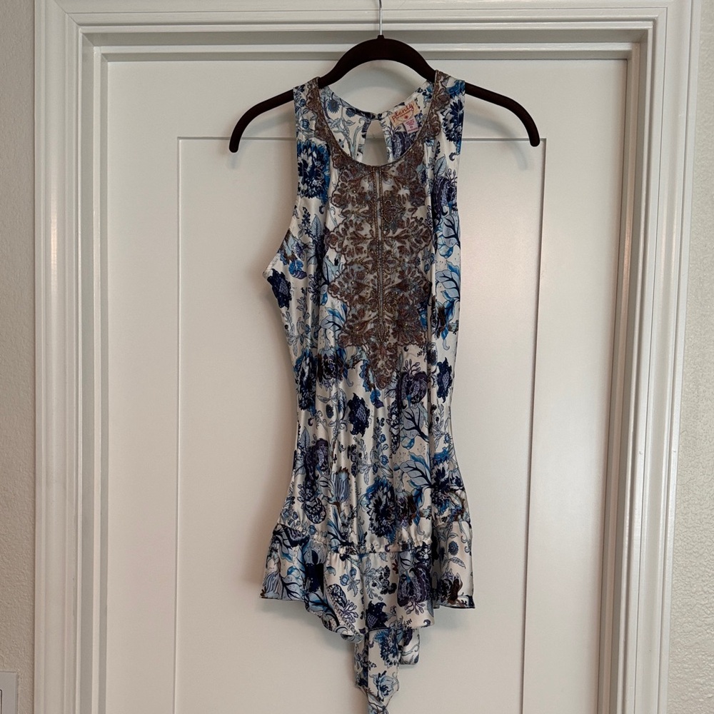 Plenty by Tracy Reese Never Worn Blue Floral Top with bronze beaded overlay